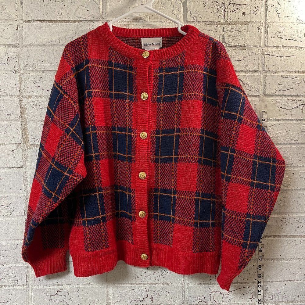 Vintage Objectives Blue Red Plaid Clueless Sweater Cardigan Size L